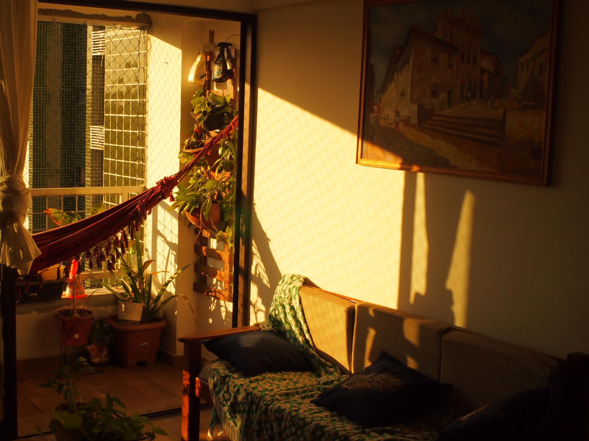 Sala de estar de um apartamento com luz de entardecer entrando