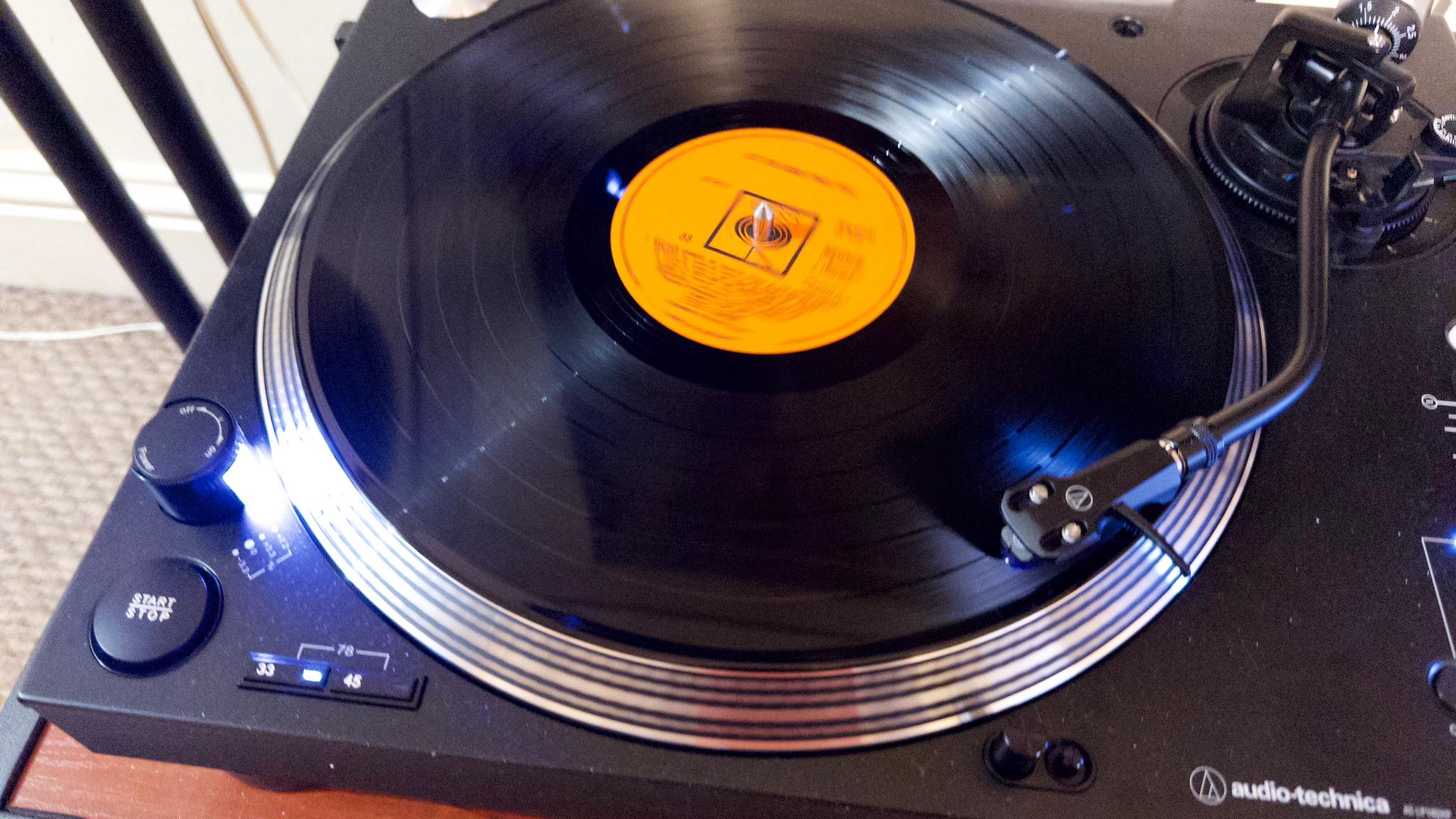 An LP playing on a turntable