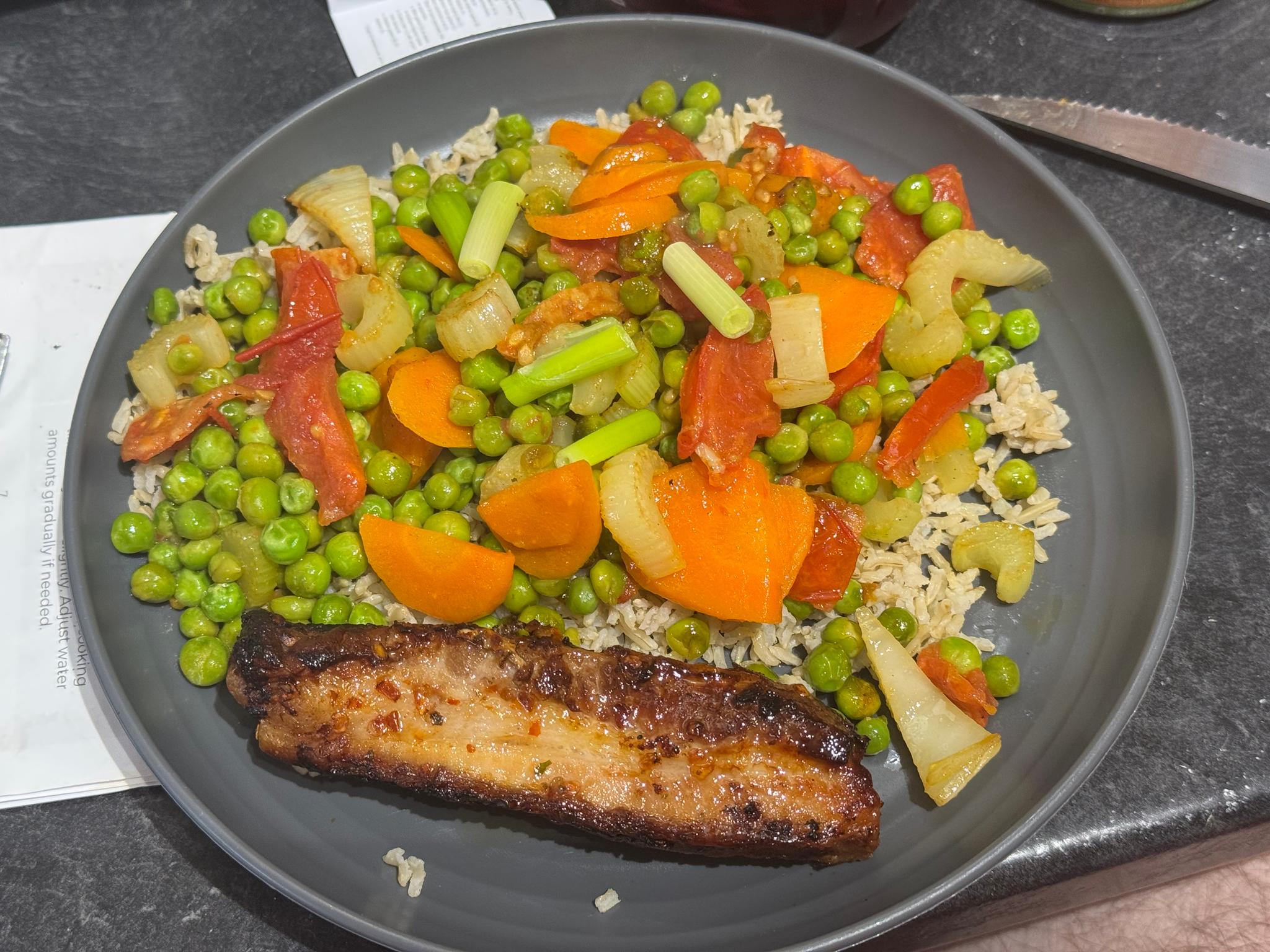 Stir-fried vegetables with cripsy pork belly.