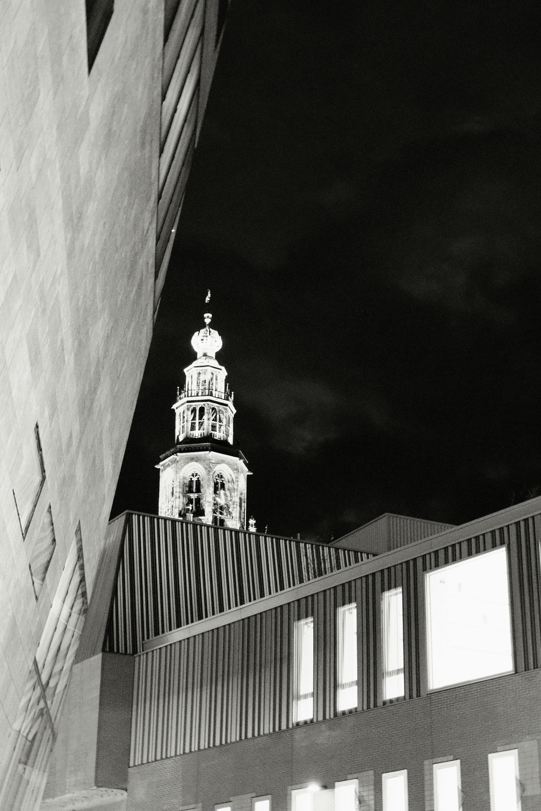 Martini-tower Groningen in black and white as seen from the parking Forum.
